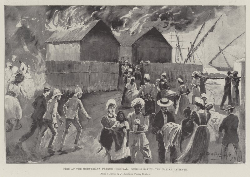 Brand på Modykhana Plague Hospital, sjuksköterskor som räddar de infödda patienterna av Henry Charles Seppings Wright