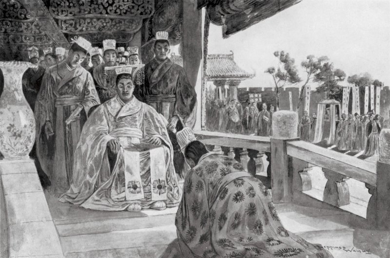 Han Yu presenterar sitt minnesmärke (litografi) av Henry Charles Seppings Wright