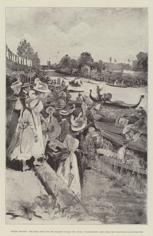 Henley Regatta, finalheatet för Diamond Sculls (Ten Eyck v Blackstaffe), sett från Grosvenor Club Enclosure av Henry Charles Seppings Wright
