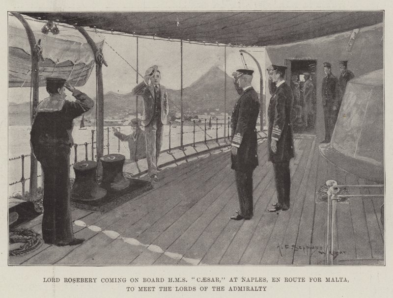 Lord Rosebery kommer ombord på HMS Caesar, i Neapel, på väg mot Malta, för att träffa amiralitetets Lords av Henry Charles Seppings Wright