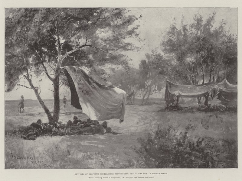 Utposter av Seaforth Highlanders bivackar under dagen vid Modder River av Henry Charles Seppings Wright