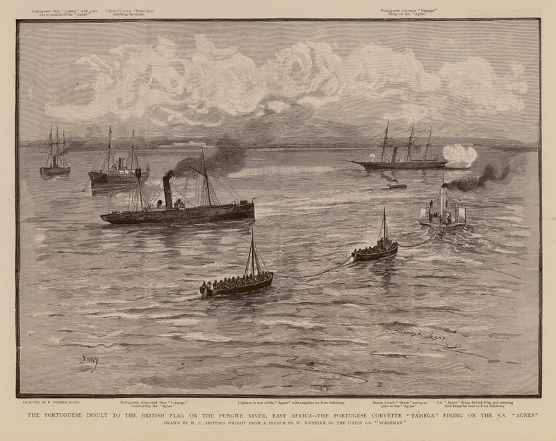 Portugisiska korvetten Tamega skjuter mot SS Agnes, Pungwe River, Östafrika (gravyr) av Henry Charles Seppings Wright