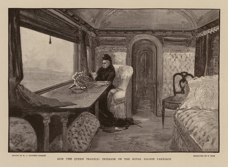 Drottning Victoria i järnvägsvagnen Royal Saloon (gravyr) av Henry Charles Seppings Wright