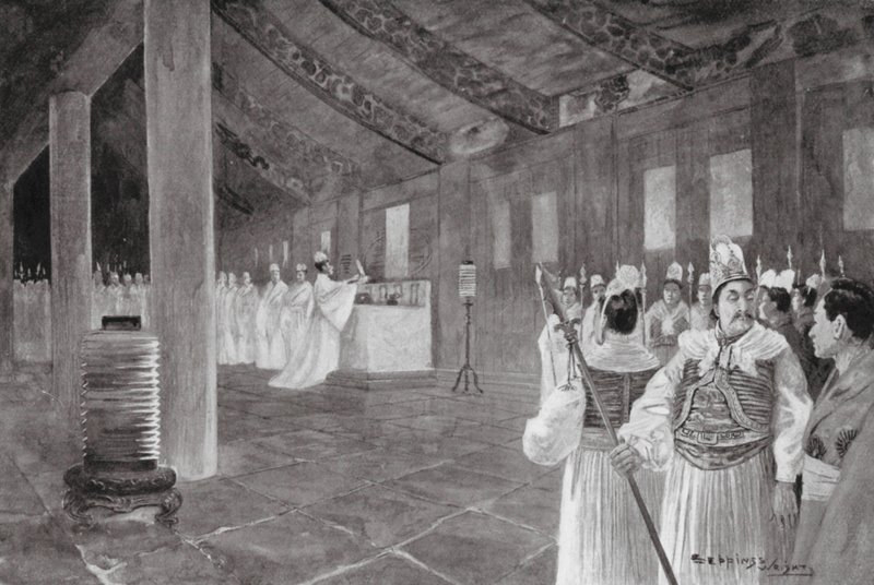 Ta bort en tavla från ett konfucianskt tempel (litografi) av Henry Charles Seppings Wright