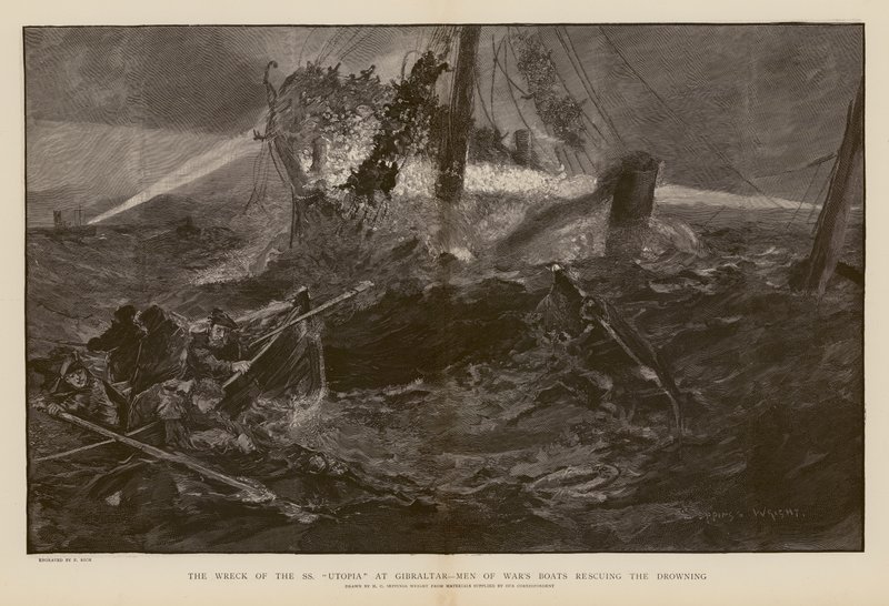 Räddning av drunknande under förlisningen av SS Utopia, Gibraltar (gravyr) av Henry Charles Seppings Wright
