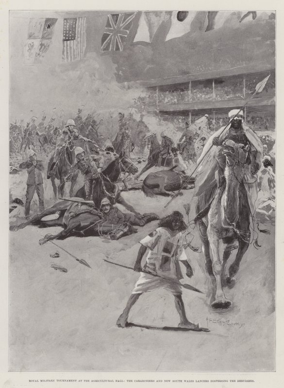 Kunglig militärturnering i Agricultural Hall, Carabineers och New South Wales Lancers skingrar dervischerna. av Henry Charles Seppings Wright