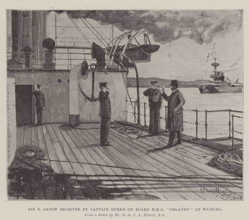 Sir E Satow tog emot av kapten Burke ombord på HMS Orlando i Wusung av Henry Charles Seppings Wright
