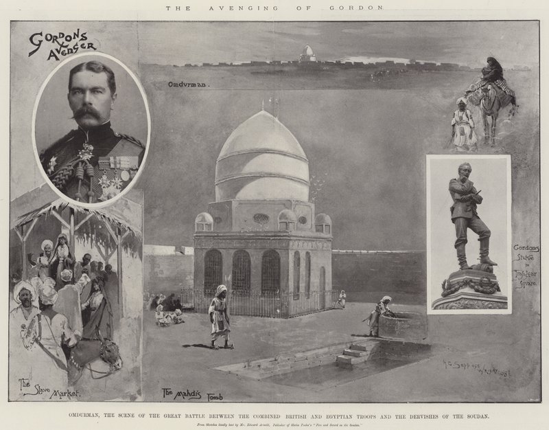 Gordons hämnd, Omdurman, scenen för det stora slaget mellan de kombinerade brittiska och egyptiska trupperna och dervischerna i Soudan av Henry Charles Seppings Wright