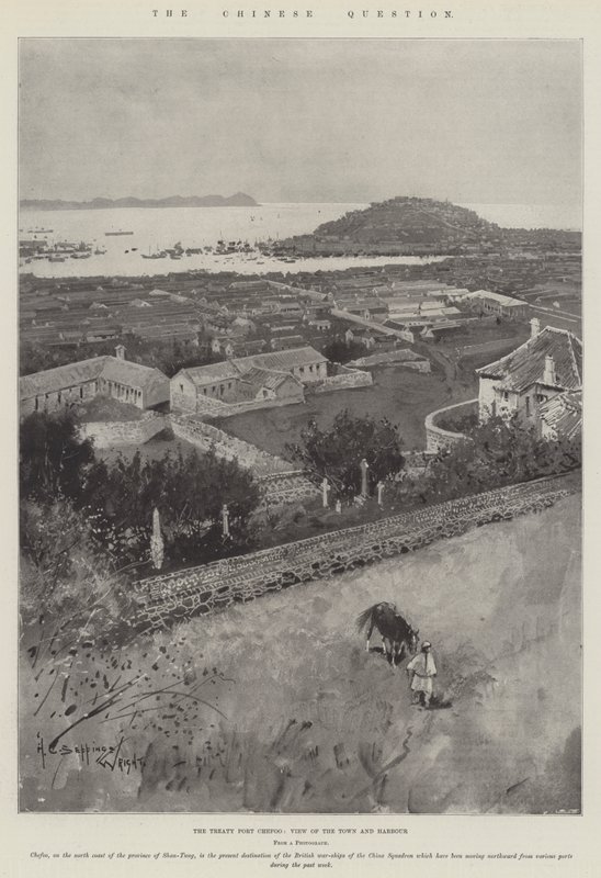 Den kinesiska frågan, fördraget Port Chefoo, vy över staden och hamnen av Henry Charles Seppings Wright