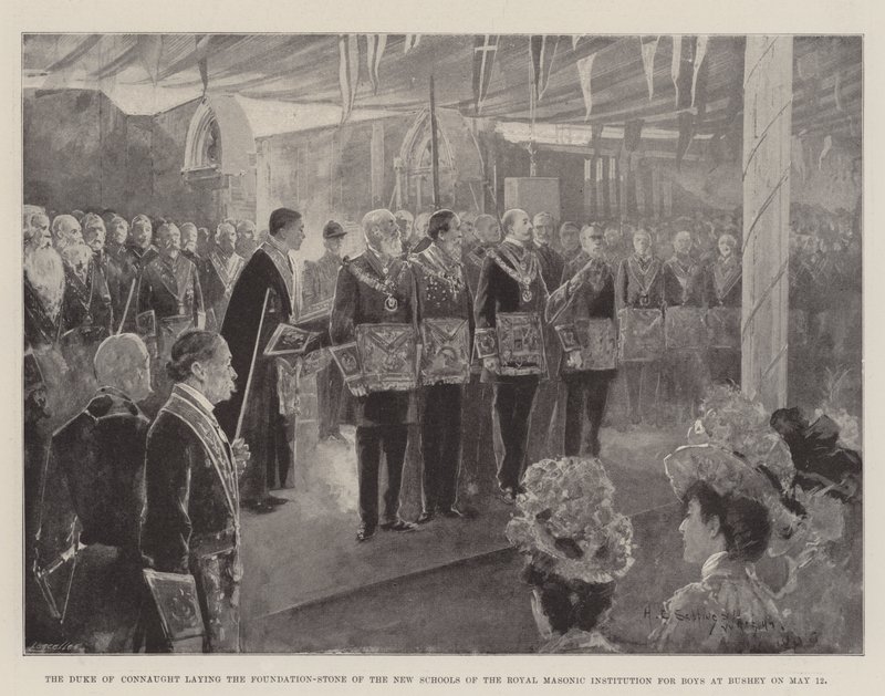 Hertigen av Connaught lägger grundstenen för de nya skolorna vid Royal Masonic Institution for Boys i Bushey den 12 maj av Henry Charles Seppings Wright