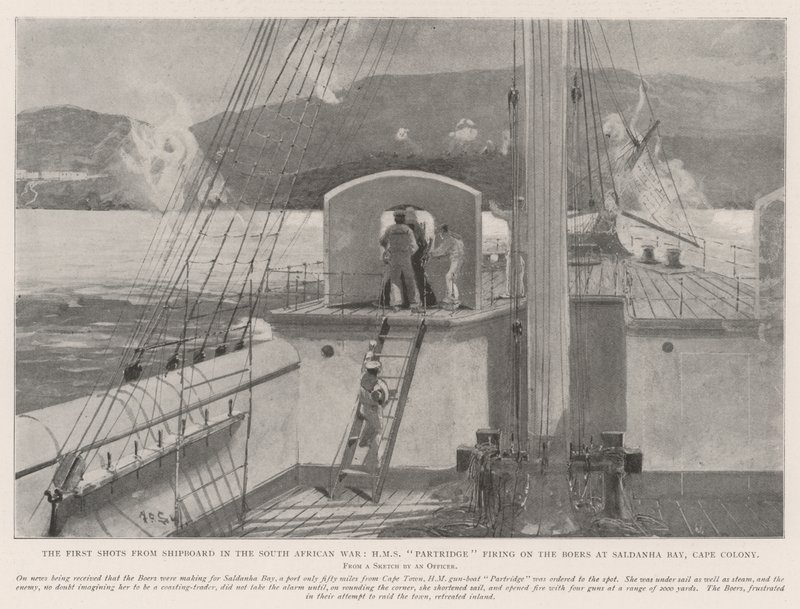 De första skotten från ett fartyg i det sydafrikanska kriget, HMS Partridge skjuter mot boerna vid Saldanha Bay, Kapkolonien. av Henry Charles Seppings Wright