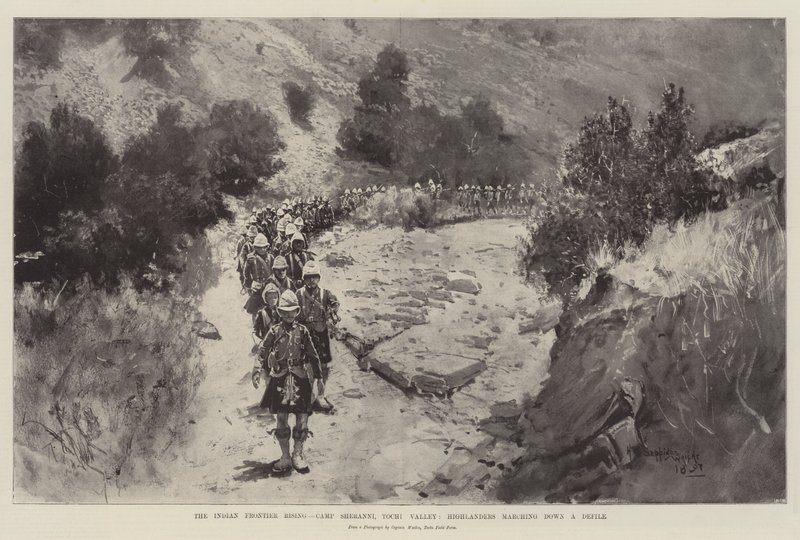 Indian Frontier Rising, Camp Sheranni, Tochi Valley, Highlanders som marscherar ner för en defile av Henry Charles Seppings Wright
