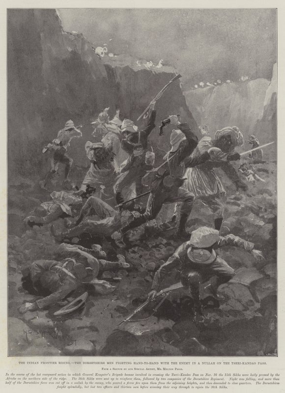 Indian Frontier Rising, Dorsetshire-männen kämpar hand-till-hand med fienden i en Nullah på Tseri-Kandao-passet av Henry Charles Seppings Wright