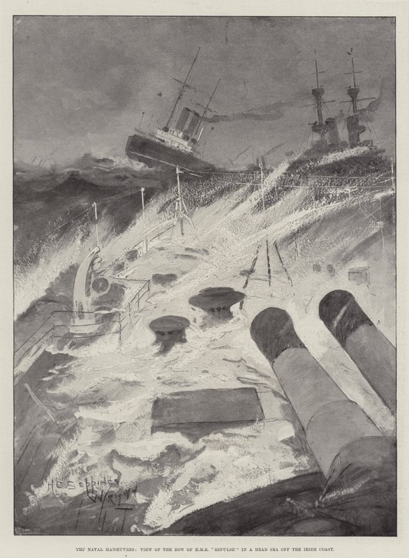 Sjömanövrarna, utsikt över fören av HMS Repulse i ett huvudhav utanför den irländska kusten av Henry Charles Seppings Wright