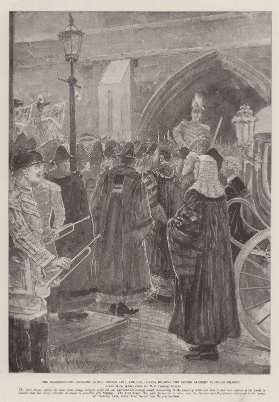 Tillkännagivandeceremonin i Temple Bar, borgmästaren läser brevet från Rouge Dragon av Henry Charles Seppings Wright