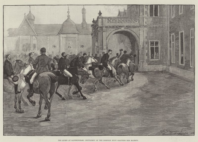 Drottningen i Sandringham, Gentlemen of the Norfolk Hunt som hälsar Hennes Majestät av Henry Charles Seppings Wright