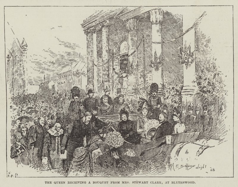 Drottningen tar emot en bukett från Mrs Stewart Clark i Blythswood av Henry Charles Seppings Wright