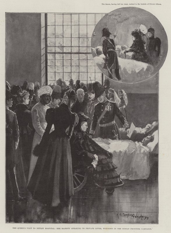 Drottningens besök på Netley Hospital, Hennes Majestät talar till Private Lever, skadad i Indian Frontier Campaign av Henry Charles Seppings Wright