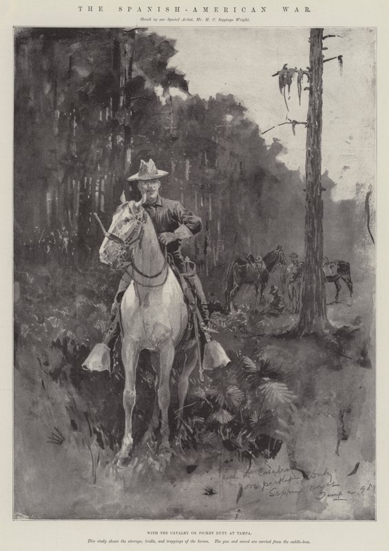 Det spansk-amerikanska kriget, med kavalleriet av pikettjänst vid Tampa (gravyr) av Henry Charles Seppings Wright