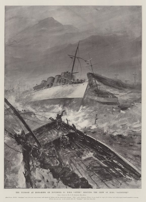 O le afa i Hong-Kong i le aso 10 o Novema, na lavea ai e HMS Otter le Auvaa a le HMS Sandpiper. av Henry Charles Seppings Wright