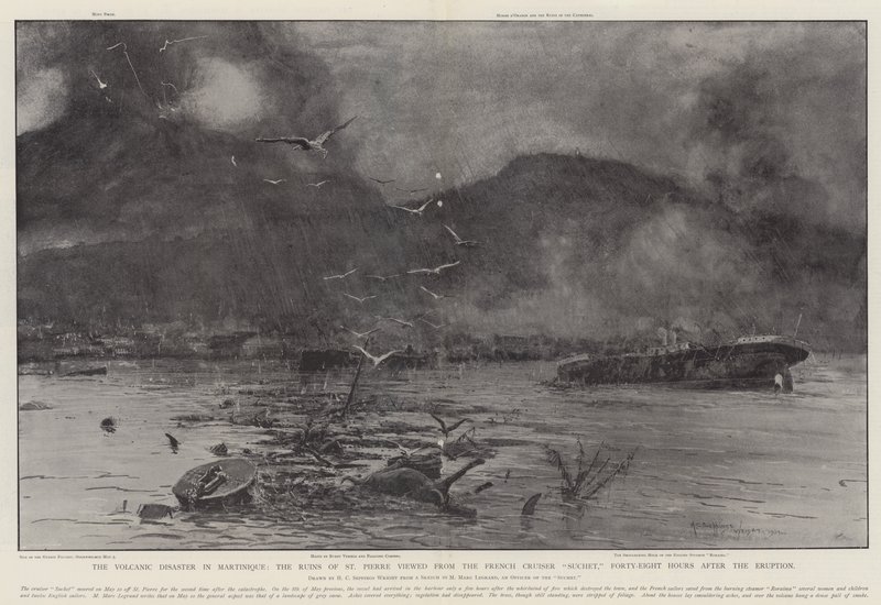Vulkaniska katastrofen på Martinique, ruinerna av St Pierre sedda från den franska kryssaren Suchet, fyrtioåtta timmar efter utbrottet av Henry Charles Seppings Wright