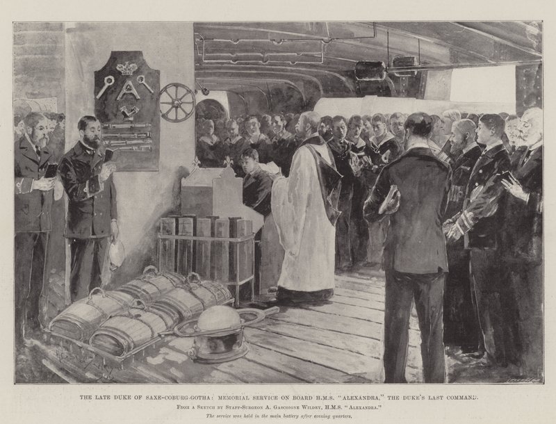 Den avlidne hertigen av Sachsen-Coburg-Gotha, minnesgudstjänst ombord på HMS Alexandra, hertigens sista befäl. av Henry Charles Seppings Wright