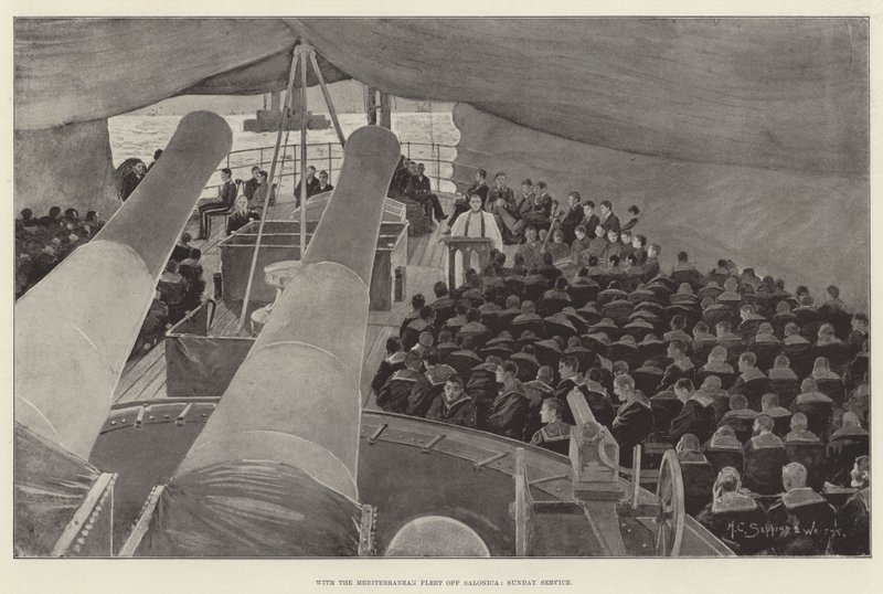 Med medelhavsflottan utanför Salonica, söndagsgudstjänst av Henry Charles Seppings Wright