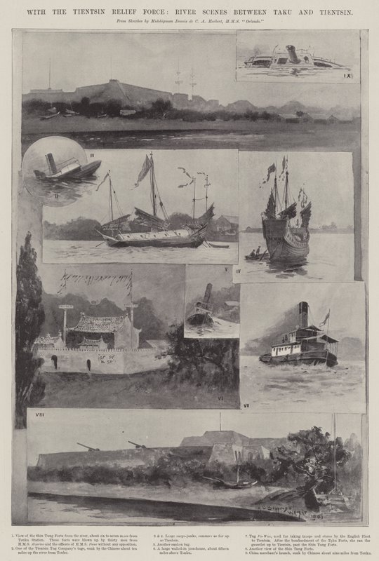 Med Tientsin Relief Force, flodscener mellan Taku och Tientsin av Henry Charles Seppings Wright