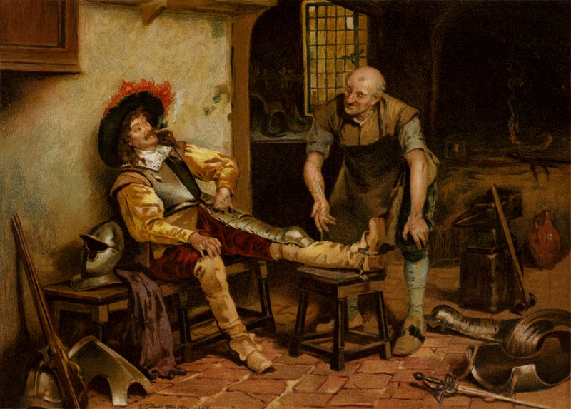 A Splendid Fit, en man som förses med rustning (chromolitho) av Henry Gillard (after) Glindoni