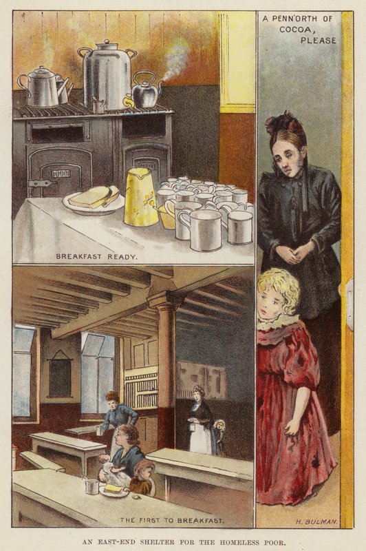 Härbärge för hemlösa fattiga i East End i London, sent 1800-tal (chromolitho) av Henry Herbert Bulman