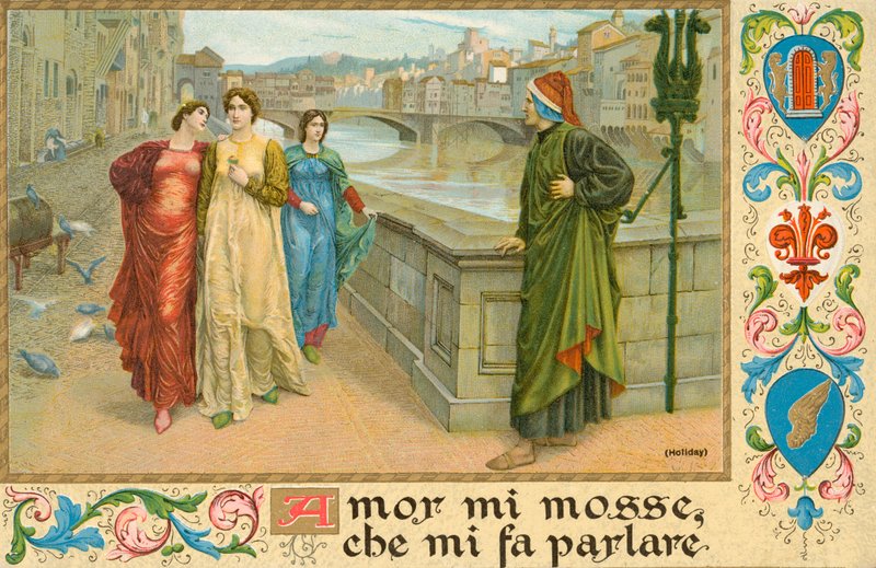 Italienska poeten Dante Alighieri och Beatrice Portinari (chromolitho) av Henry Holiday