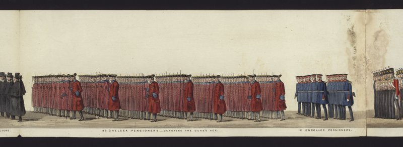 En del av panoramautsikten över hela begravningsprocessen av Arthur, hertig av Wellington (färgad akvatint) av Henry Jr and Sala Alken