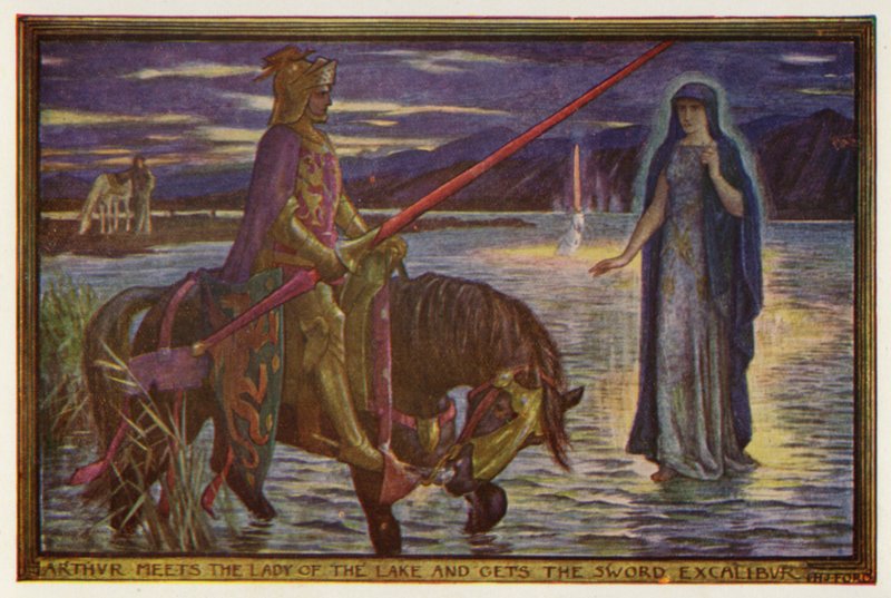 Arthur möter Lady of the Lake och får svärdet Excalibur (färg litho) av Henry Justice Ford
