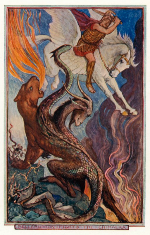 Bellerophon bekämpar Chimaera (färg litho) av Henry Justice Ford