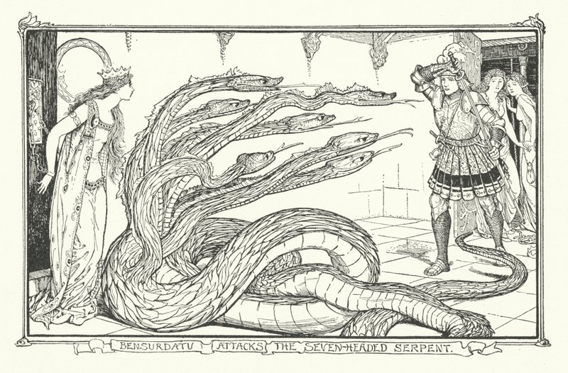 Bensurdatu attackerar den sjuhövdade ormen (gravyr) av Henry Justice Ford
