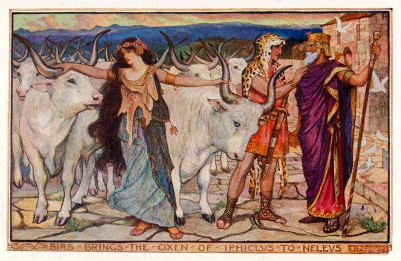 Bias för oxarna från Iphiclus till Neleus (färg litho) av Henry Justice Ford