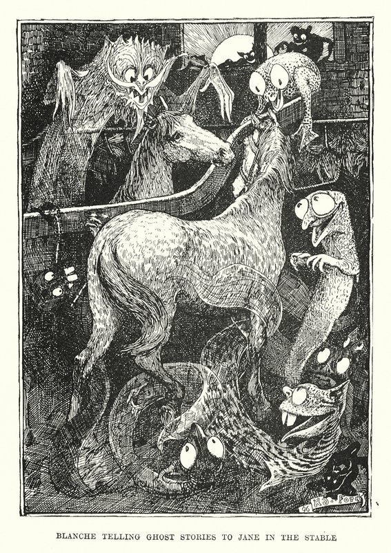 Blanche berättar spökhistorier för Jane i stallet (gravyr) av Henry Justice Ford