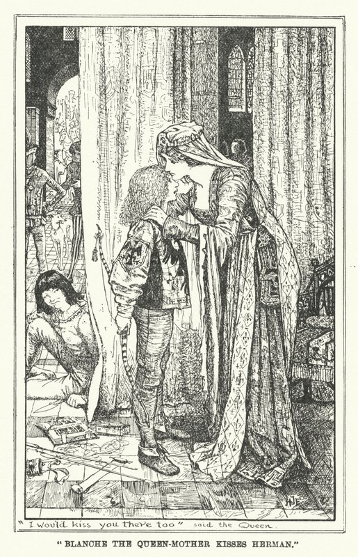 "Blanche drottningmodern kysser Herman" (litho) av Henry Justice Ford