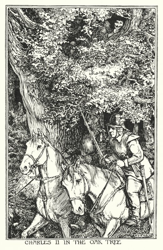 Karl II i eken (litho) av Henry Justice Ford