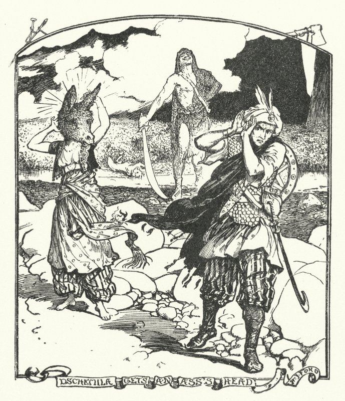 Dschemila får ett rövhuvud (gravyr) av Henry Justice Ford