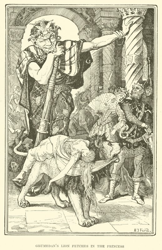 Grumedans lejon hämtar i prinsessan (gravyr) av Henry Justice Ford