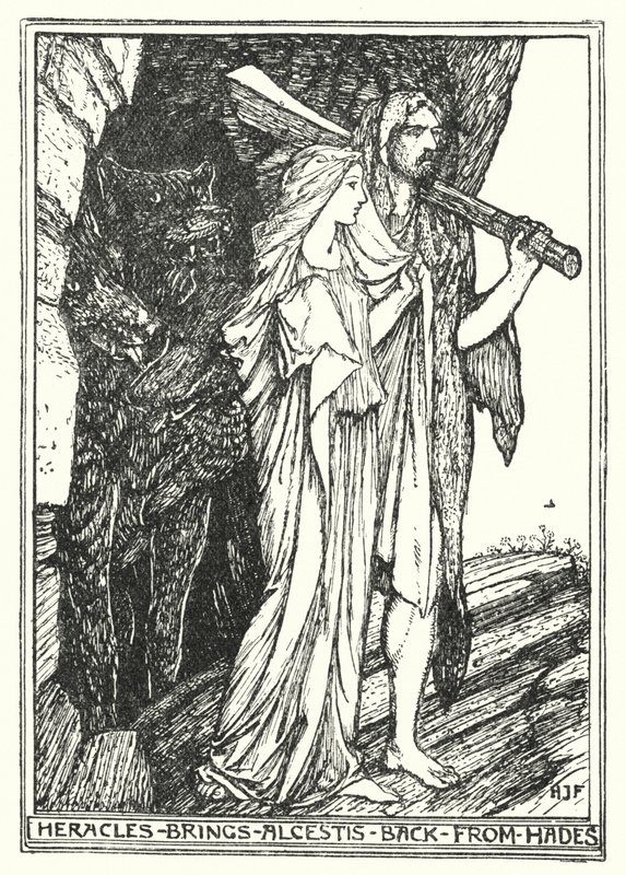 Heracles tar tillbaka Alcestis från Hades (litho) av Henry Justice Ford