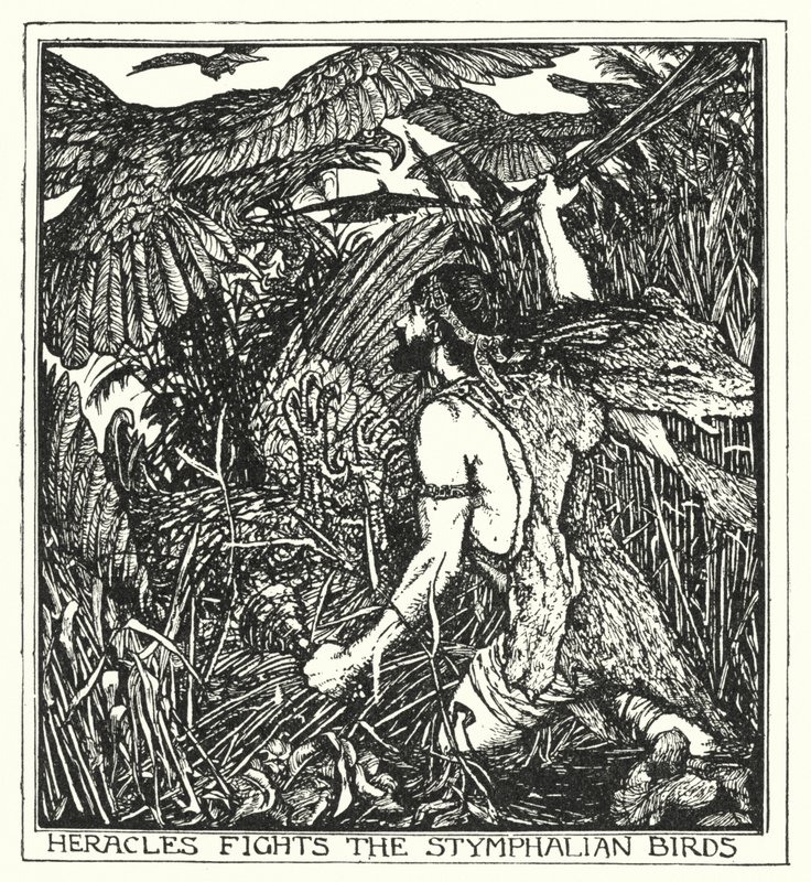 Herakles bekämpar Stymphalian-fåglarna (litho) av Henry Justice Ford