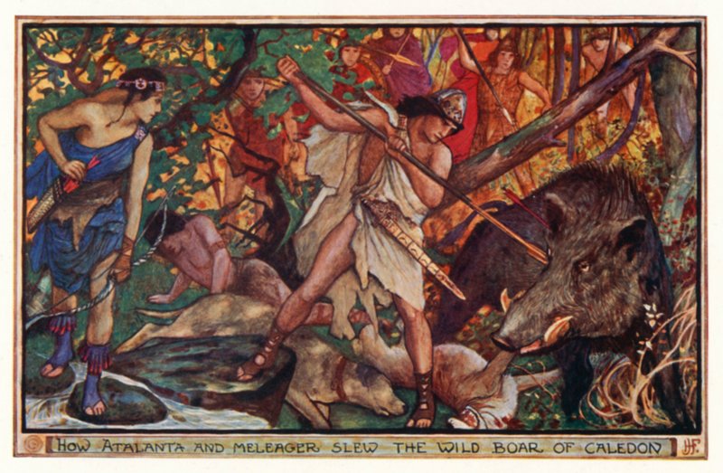 Hur Atalanta och Meleager dödade vildsvinet från Caledon (färg litho) av Henry Justice Ford