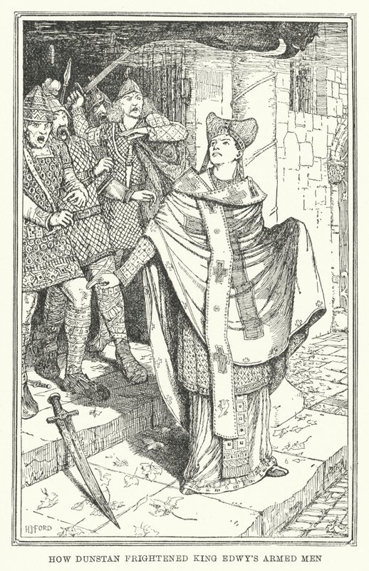 Hur Dunstan skrämde kung Edwys beväpnade män (litho) av Henry Justice Ford