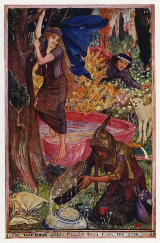 Hur en pojke blir ett lamm: häxan får ner Pulga från trädet (färg litho) av Henry Justice Ford
