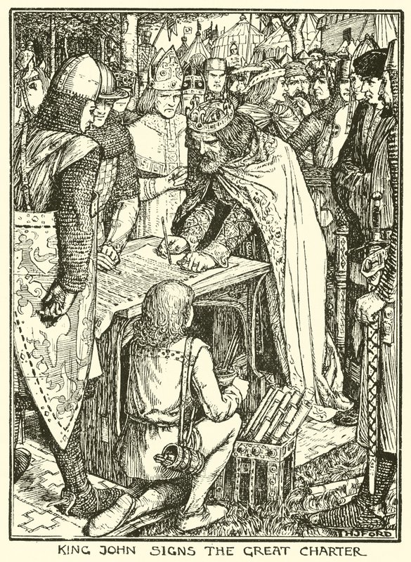 Magna Charta. Kung John undertecknar den stora stadgan (gravyr) av Henry Justice Ford