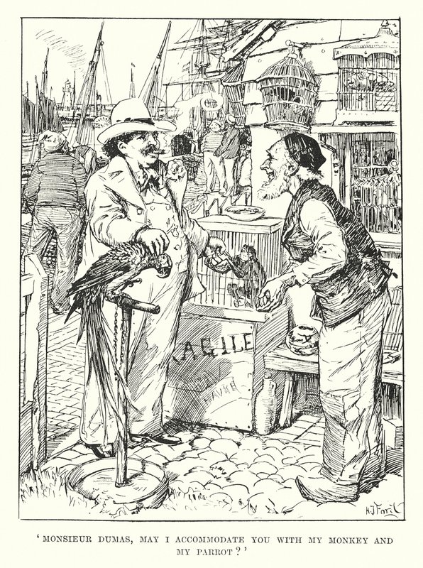 "Monsieur Dumas, får jag hysa er med min apa och min papegoja" (gravyr) av Henry Justice Ford
