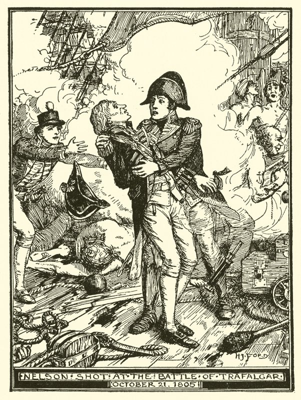 Nelson sköts i slaget vid Trafalgar den 21 oktober 1805 av Henry Justice Ford