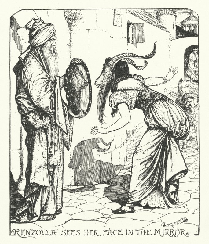 Renzolla ser sitt ansikte i spegeln (gravyr) av Henry Justice Ford